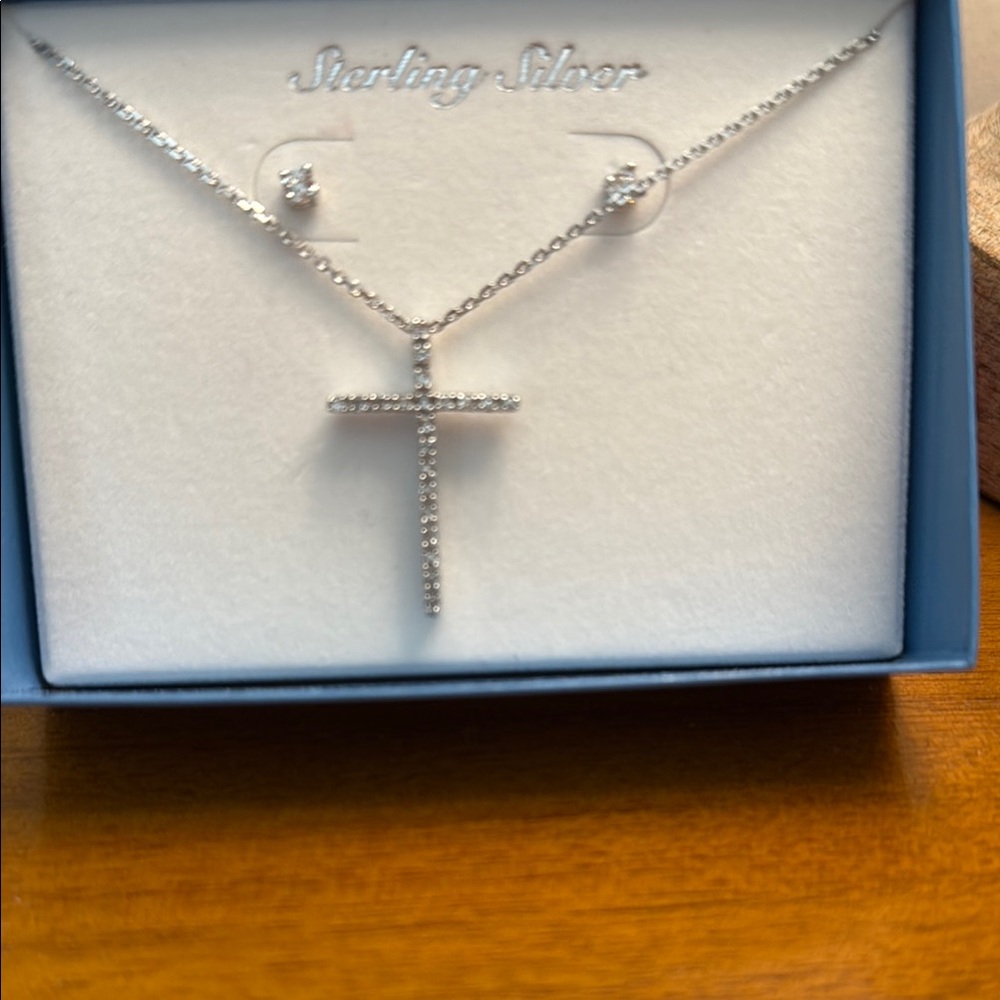 Silver Cross Pendant Necklace and Earrings with Crystal Accents